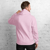 Unisex hoodie, pink, back view with drawstring hood and kangaroo pocket.