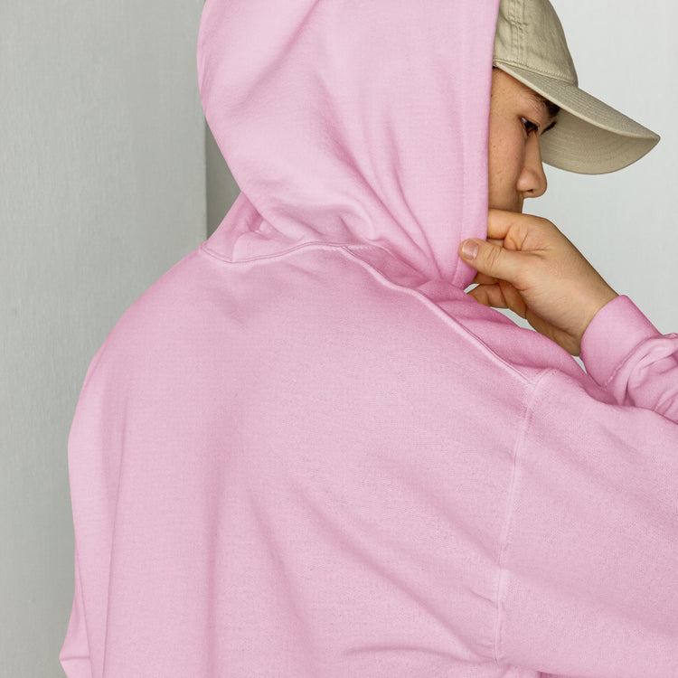 Light pink unisex hoodie with drawstring hood; hand tucked, front graphic visible.