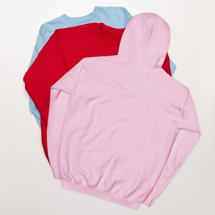 Light pink hoodie with hood up and front pouch pocket