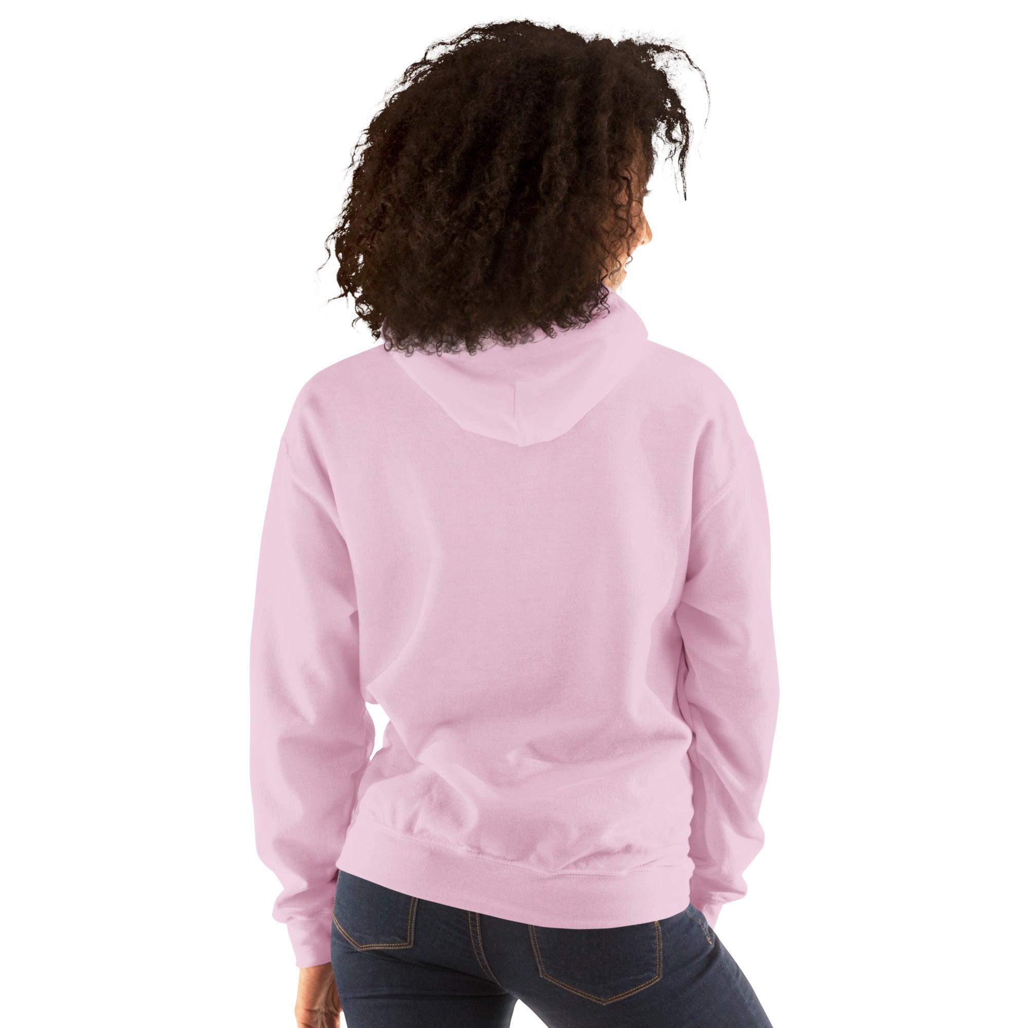 Light Pink hoodie back view with adjustable hood and kangaroo pocket.