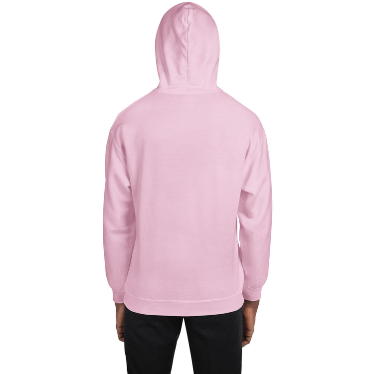 Light pink unisex hoodie with hood and long sleeves, back view