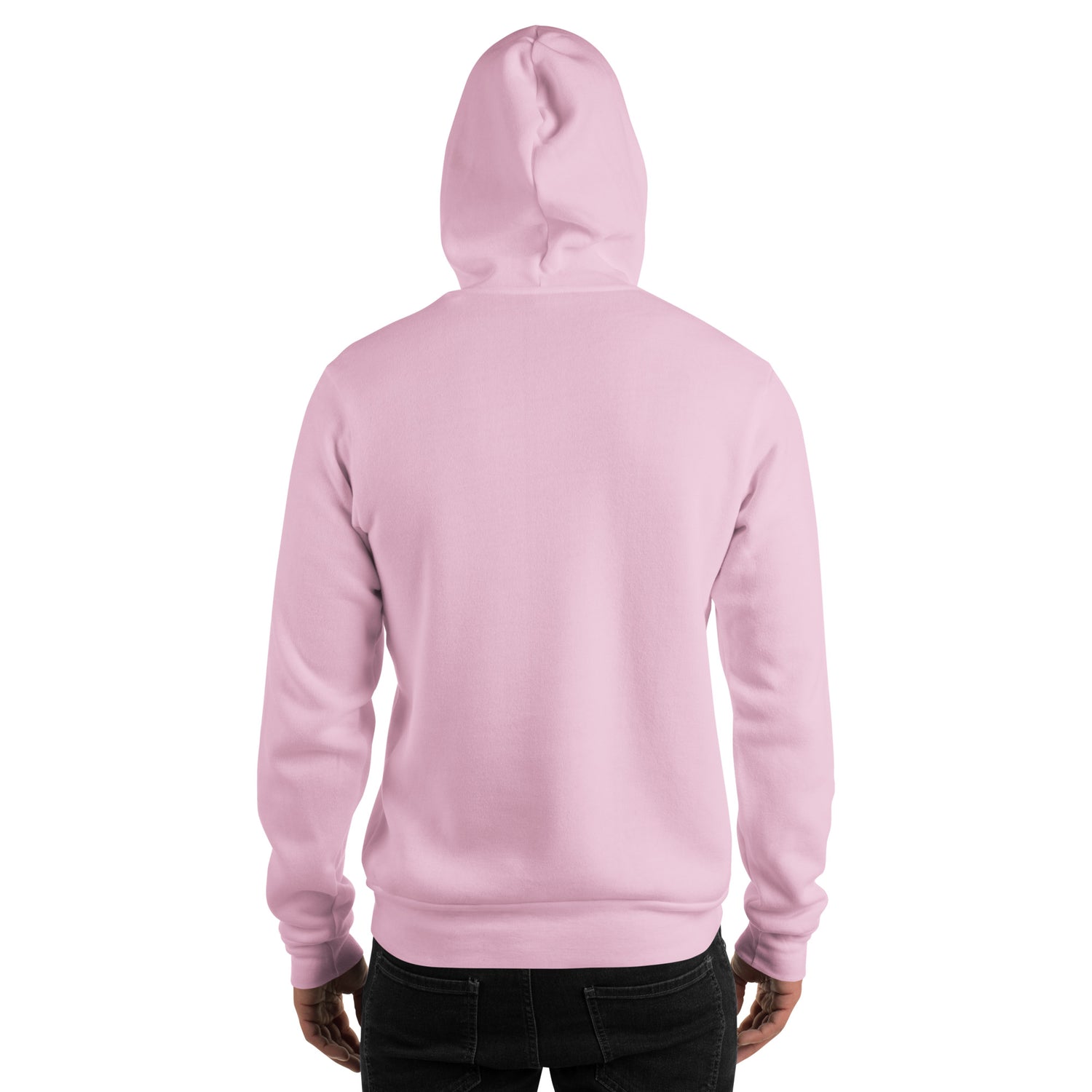 Light pink unisex hoodie with back view hood and kangaroo pocket