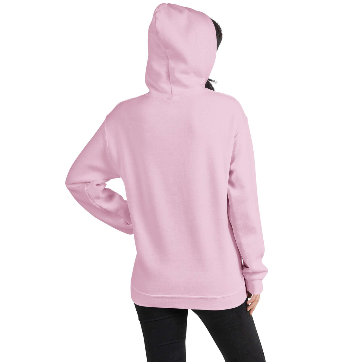 Light pink hoodie, back view with drawstring hood and kangaroo pocket