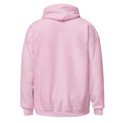 Light pink unisex pullover hoodie back view with hood and kangaroo pocket