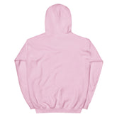 Light pink pullover hoodie, back view with hood and plain shoulders