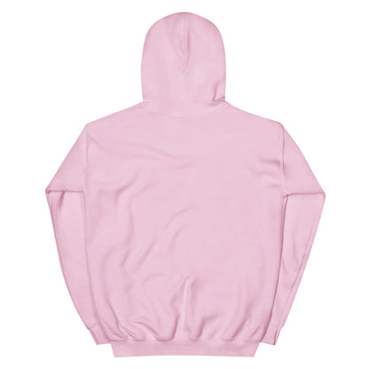 Light pink pullover hoodie, back view with hood and plain shoulders