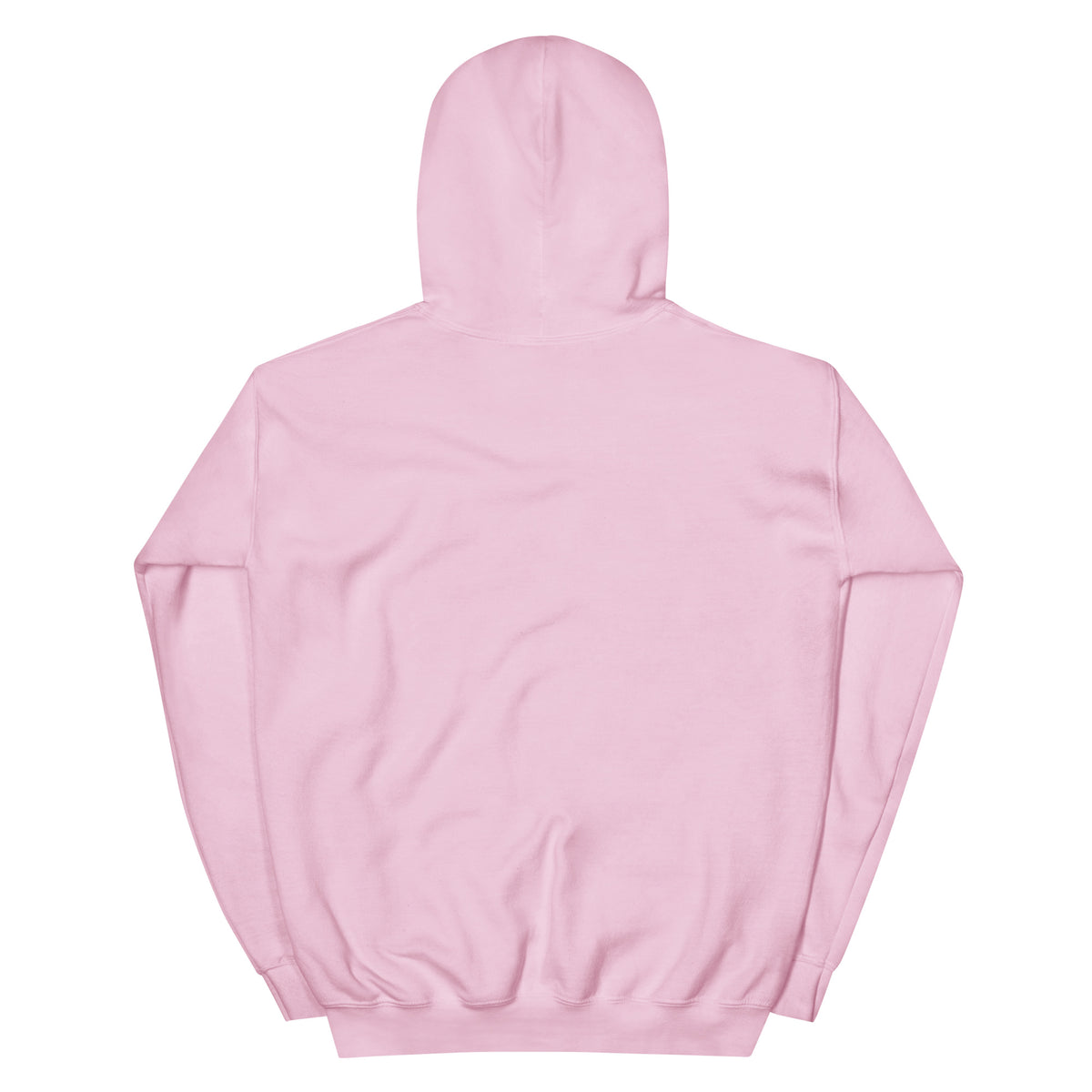 Light pink pullover hoodie, back view with hood and kangaroo pocket opening