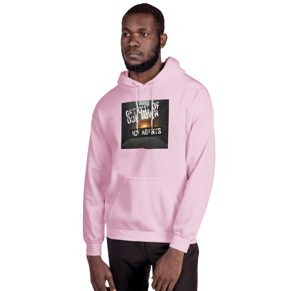 Light pink pullover hoodie with chest graphic print and hood.