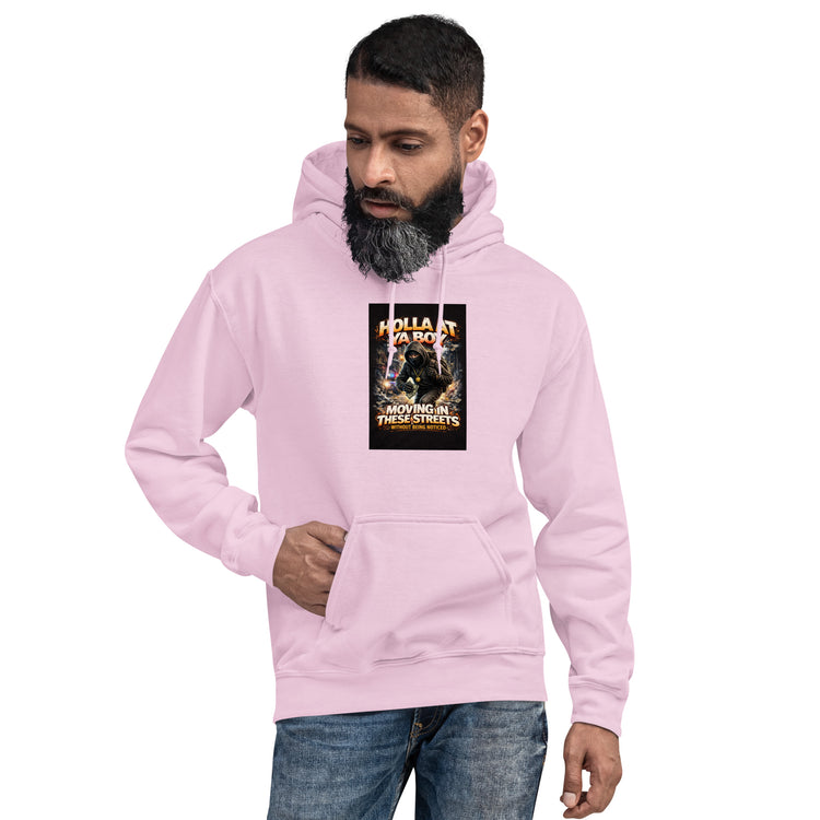 Moving In These Streets unisex hoodie in Light Pink, front chest graphic and kangaroo pocket