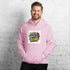 Pink unisex pullover hoodie with front graphic, kangaroo pocket, and hood