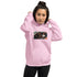 Unisex hoodie in light pink, front view with hood and front pocket; graphic panel on chest