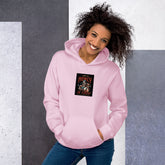Unisex pink hoodie with front pocket, hood, and &