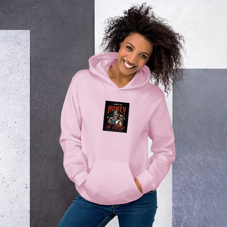 Unisex pink hoodie with front pocket, hood, and &