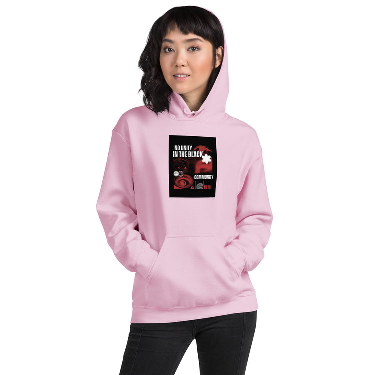 Unisex hoodie in light pink with hood, kangaroo pocket, and chest graphic print