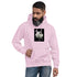 Light pink unisex hoodie with front graphic, front pouch pocket, drawstring hood