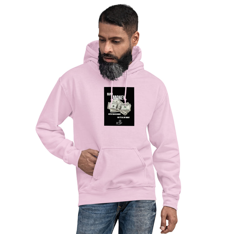 Light pink unisex hoodie with front graphic, front pouch pocket, drawstring hood
