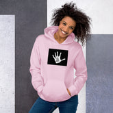 Pink unisex hoodie with hood and front pouch pocket, black logo graphic