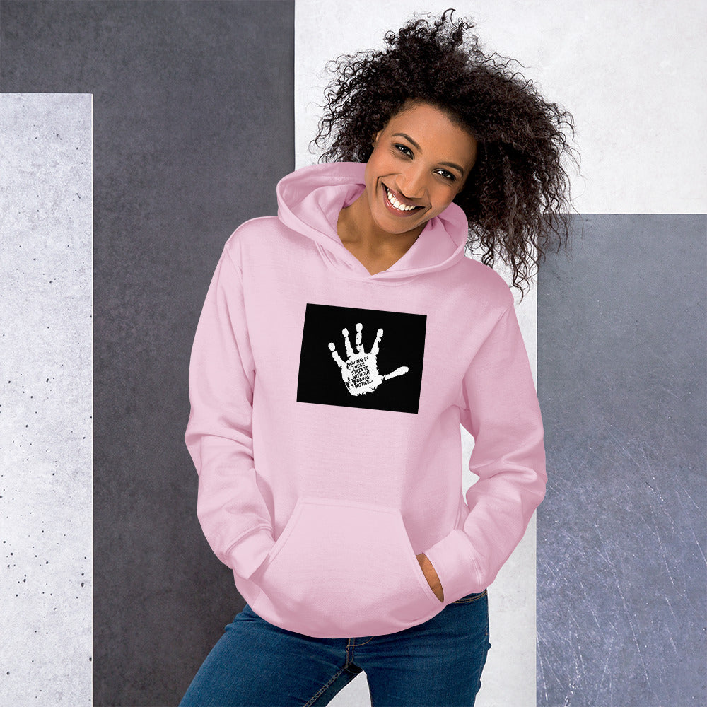 Moving In These Streets hoodie, light pink with black front graphic and hood