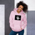 Pink unisex hoodie with hood and front pouch pocket, black logo graphic