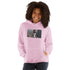 Light pink unisex pullover hoodie with hood, kangaroo pocket, and front graphic print