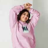 Light pink unisex hoodie with front pouch pocket and adjustable drawstring hood