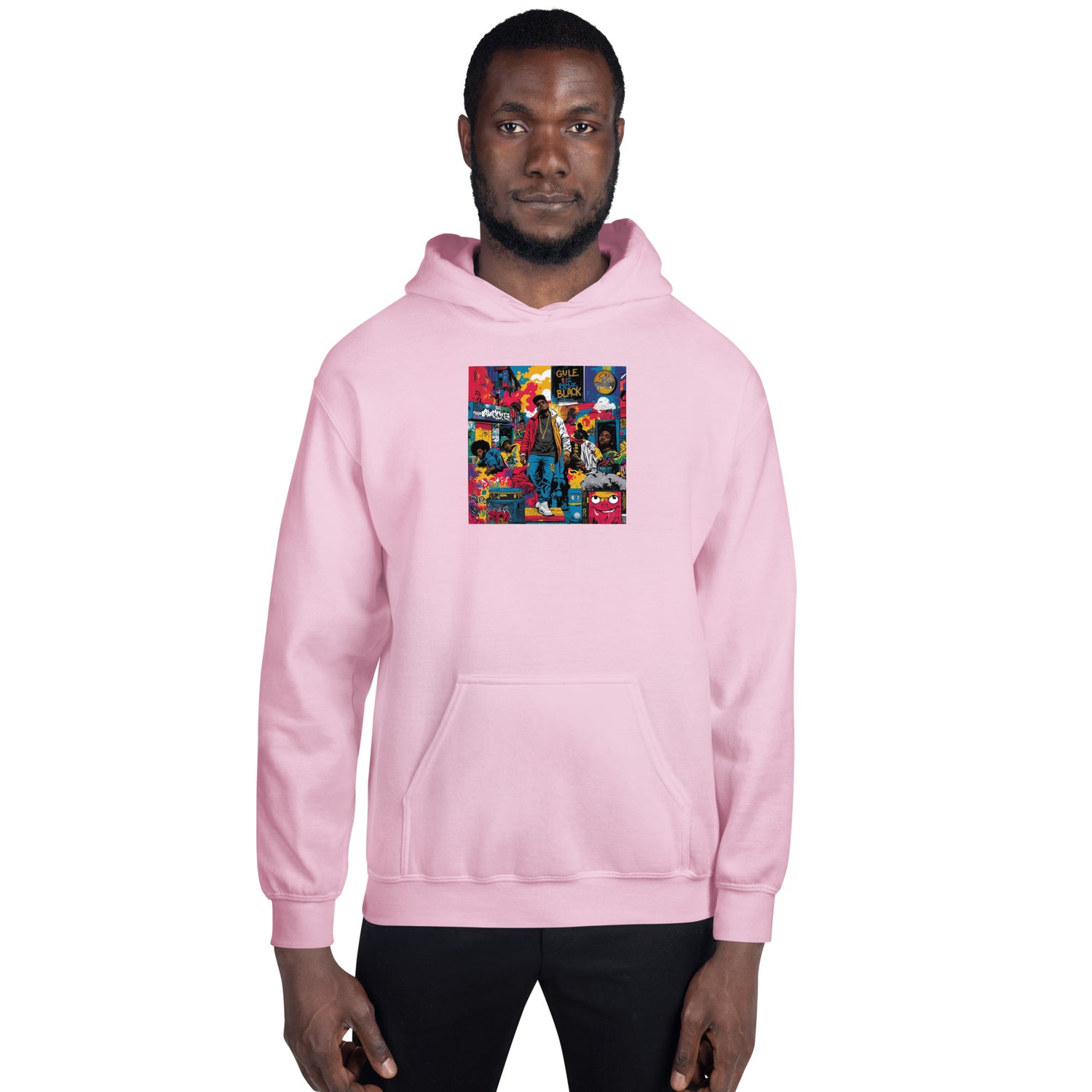 Light pink pullover hoodie with front square graphic, hood and pouch pocket
