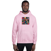 Pink unisex hoodie with centered front graphic print and front kangaroo pocket