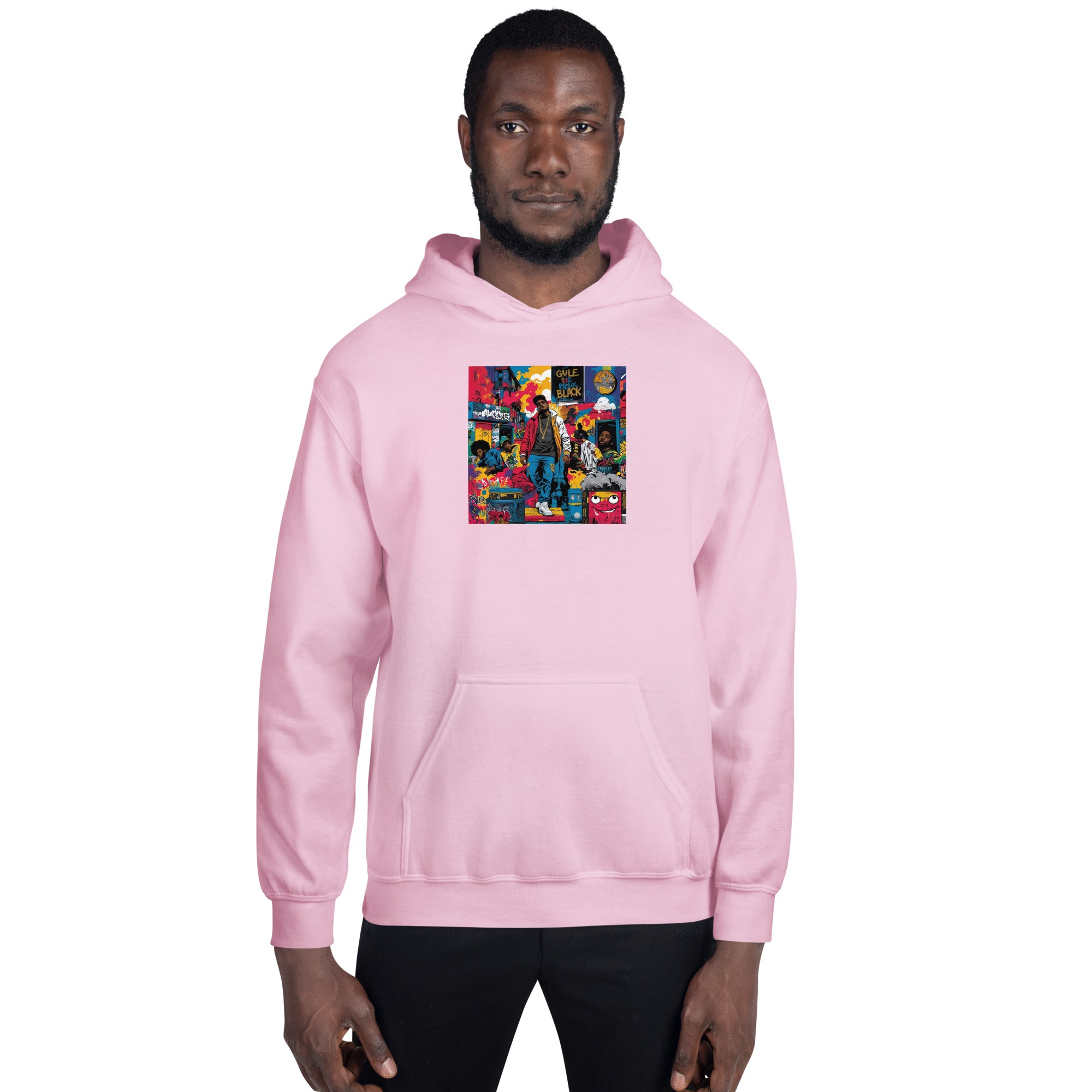 Light pink pullover hoodie with front square graphic, hood and pouch pocket