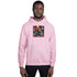 Pink unisex hoodie with centered front graphic print and front kangaroo pocket