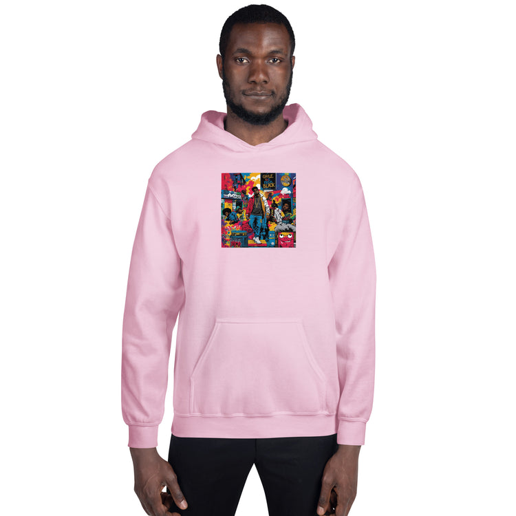 Pink unisex hoodie with centered front graphic print and front kangaroo pocket