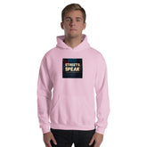 Light pink unisex hoodie with hood and kangaroo pocket, square logo graphic.