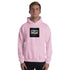 Light pink unisex hoodie with hood and kangaroo pocket, square logo graphic.