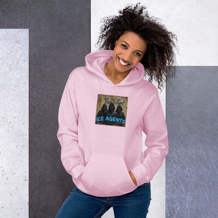 Light pink unisex hoodie, front graphic text "ICE AGENTS", kangaroo pocket