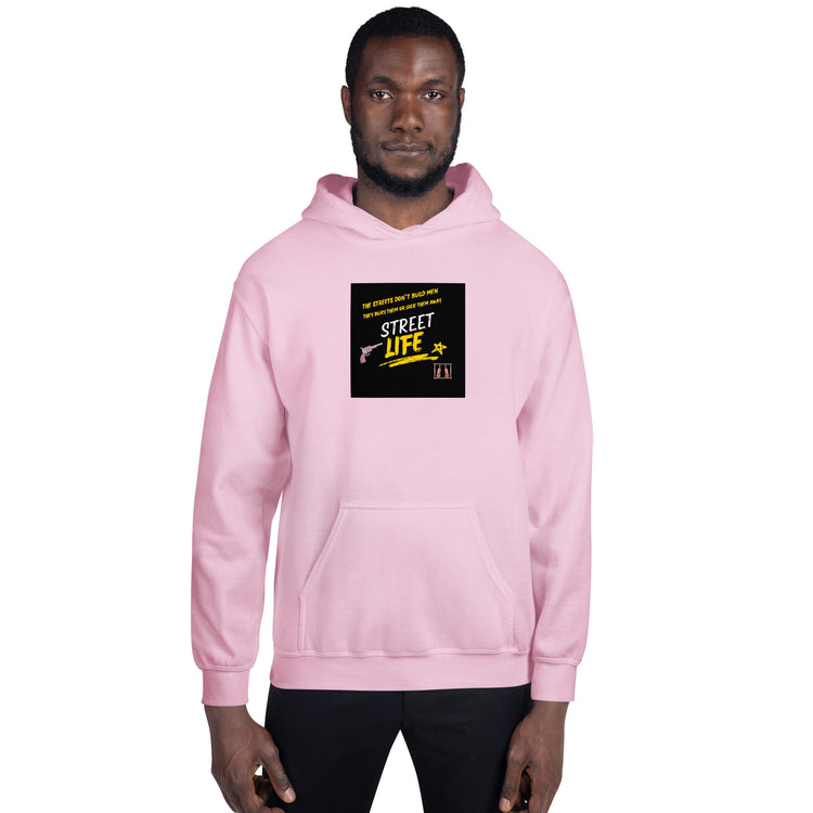 Light pink unisex hoodie with centered chest graphic and kangaroo pocket