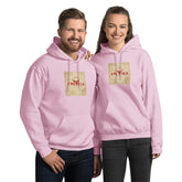 Light pink unisex hoodie with front pocket, drawstring hood, gold square graphic print.