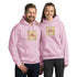 Light pink unisex hoodie with front pocket, drawstring hood, gold square graphic print.