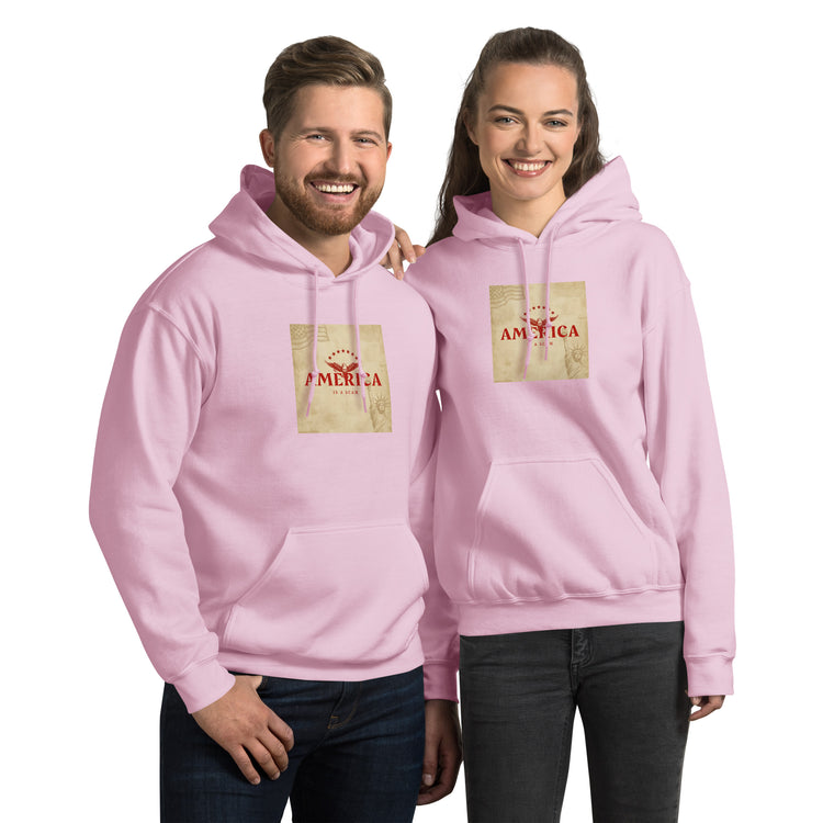 Light pink unisex hoodie with front pocket, drawstring hood, gold square graphic print.