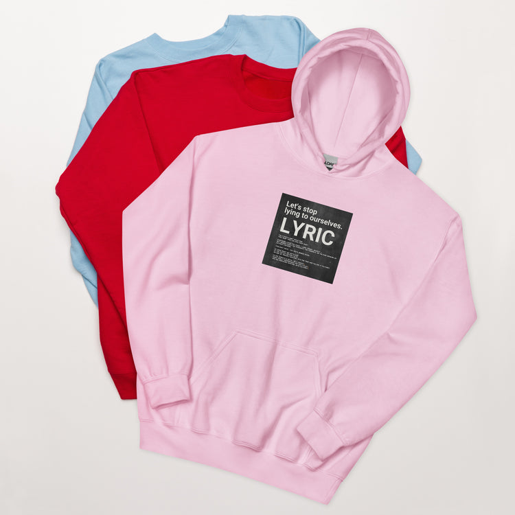 Light pink hoodie with hood and front pouch pocket, chest graphic label