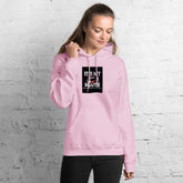 Light pink unisex hoodie with front logo patch, kangaroo pocket, and drawstring hood