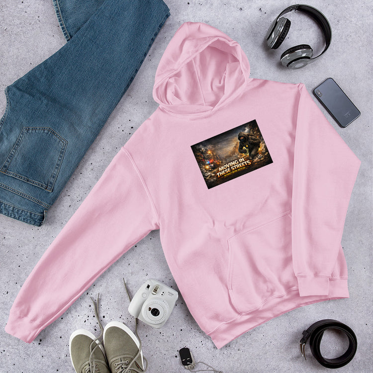 Unisex pink hoodie with front kangaroo pocket and chest graphic print