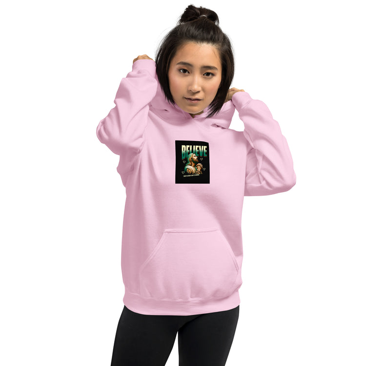 Light Pink unisex hoodie with front pocket and BELIEVE square graphic on chest
