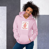 Light pink unisex hoodie with hood, front graphic, and kangaroo pocket