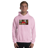 Light pink unisex hoodie with front graphic, hood, and kangaroo pocket