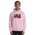 Light pink unisex hoodie with front graphic, hood, and kangaroo pocket