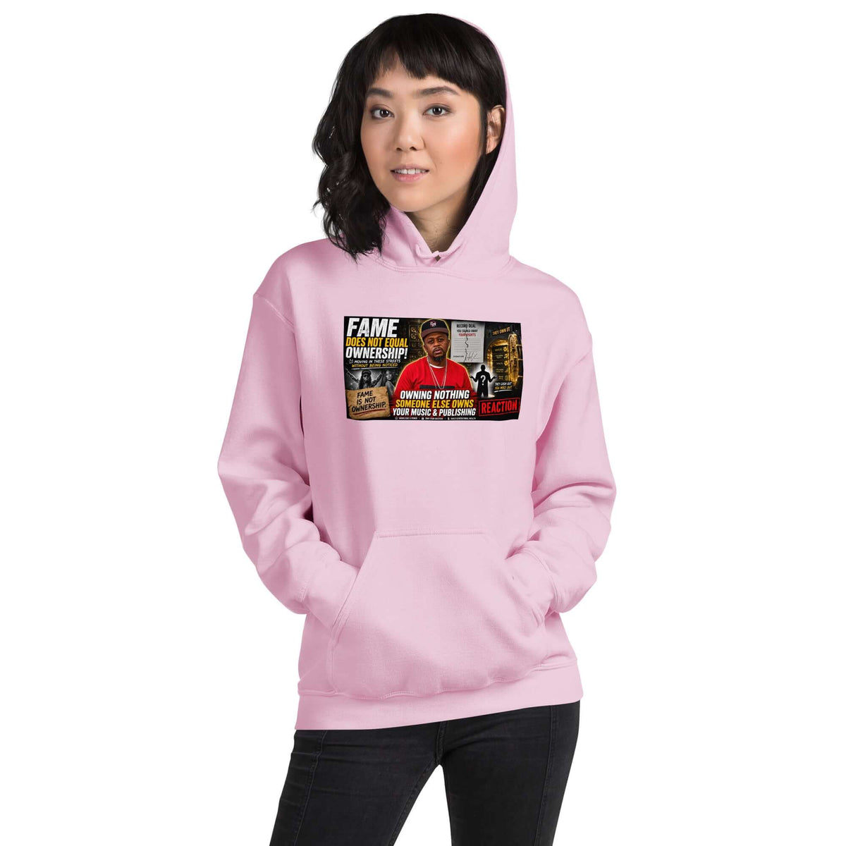 Light pink unisex hoodie with chest graphic, drawstring hood and kangaroo pocket