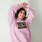Light pink pullover hoodie with hood, front pocket, and colorful street graphic on chest