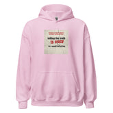 Light pink unisex pullover hoodie with kangaroo pocket, hood, and chest graphic