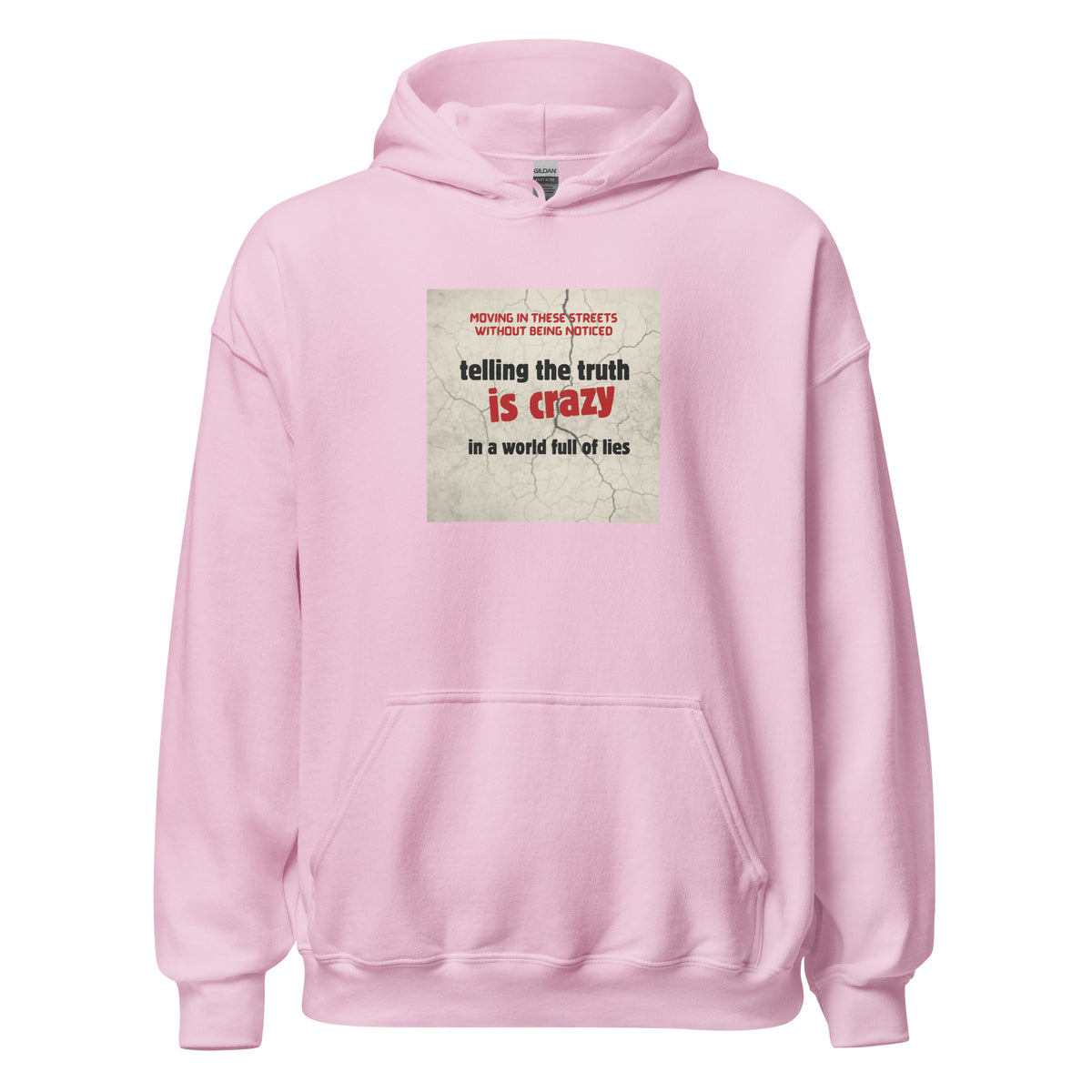 Light pink unisex pullover hoodie with kangaroo pocket, hood, and chest graphic