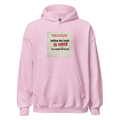 Light pink unisex pullover hoodie with kangaroo pocket, hood, and chest graphic