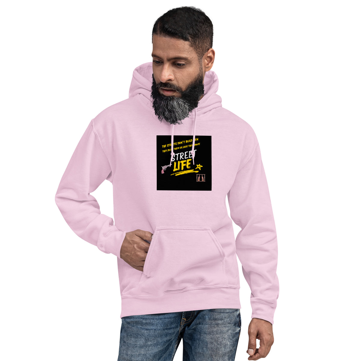 Light pink unisex hoodie with pullover hood, drawstrings, kangaroo pocket, and front graphic patch.